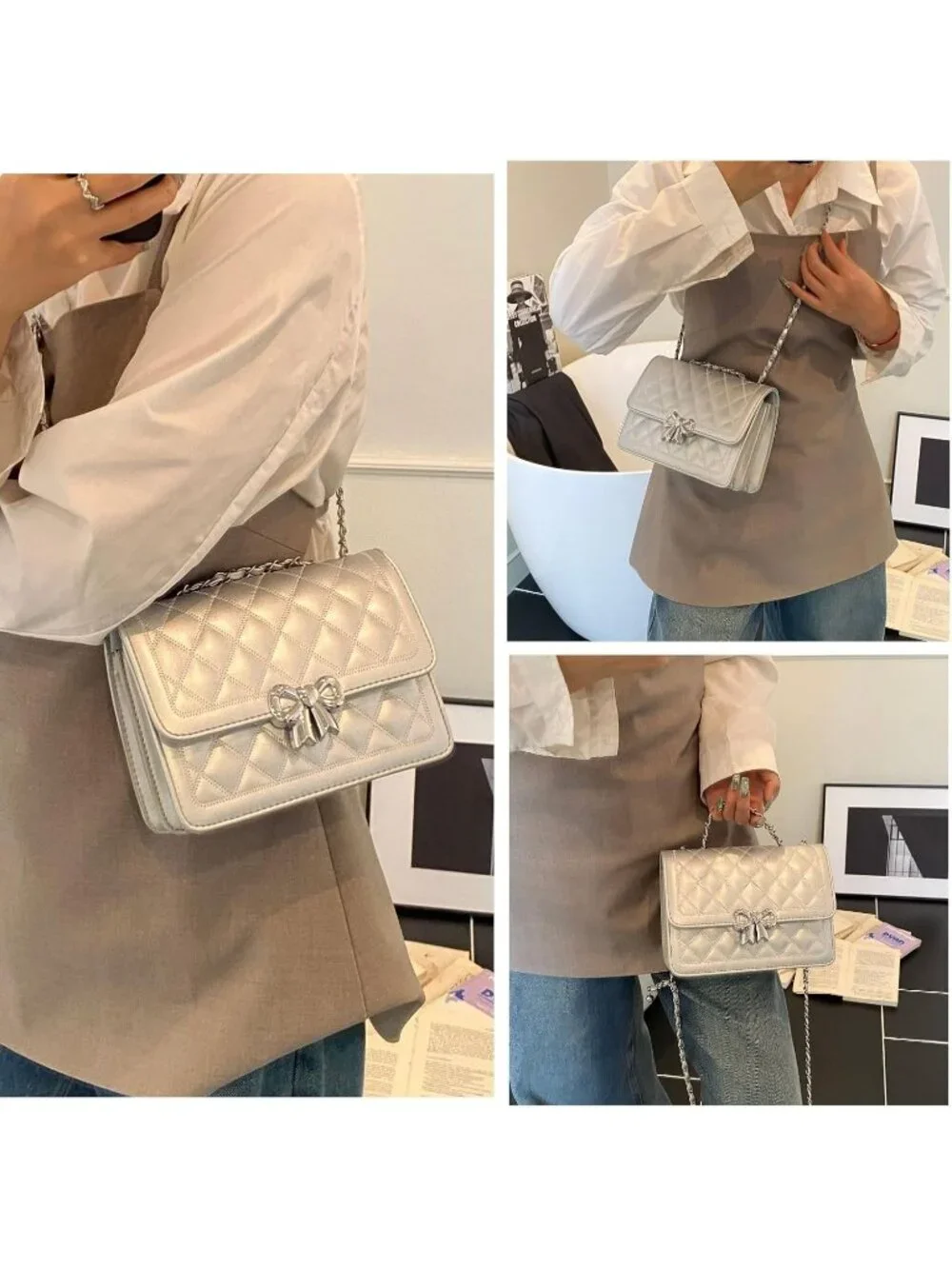 Women's Silver Quilted Small Pu Leather Shoulder Purse Chain Crossbody Bag